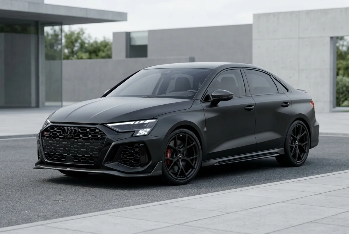 Generated illustration of a matte black Audi RS3 Sedan with carbon detailing
